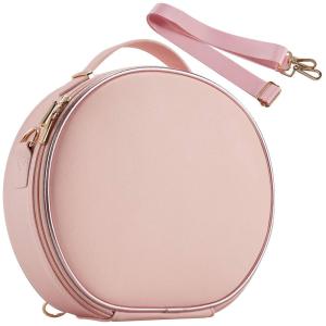 imageRound Makeup Bag Portable Travel Makeup Train Case PU Leather Cosmetic Storage Organizer for Girl Cosmetic Make Up Tools Toiletry Jewelry Digital Accessories  Pink