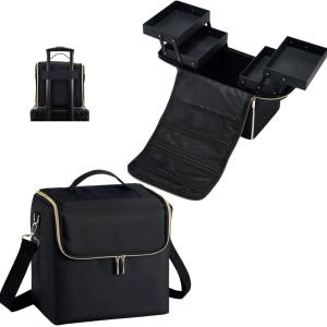 imageStagiant Makeup Train Case Nail Bag Organizer Case Makeup Box Organizer 4 Tier Large Travel Makeup Case with CompartmentsShoulder Strap for MUAManicureTattooEye Lash ExtensionBlackLarge Black with Luggage Sleeve