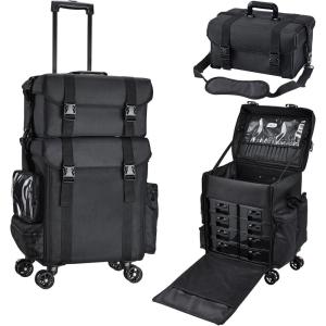 imageStagiant Professional Rolling Makeup Case Soft Sided Cosmetology Organizer Wheeled Nylon Train Case Portable Travel Supply Station for Makeup Artist Nail Technician Hair Stylist Crafters