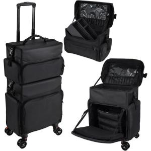 imageStagiant Professional Rolling Makeup Case Soft Sided Make up Train Case Travel Organizer Portable with Wheel for Makeup Artist Cosmetology Nail Technician Hair Stylist Supplies 2 In 1 Nylon BlackBlack