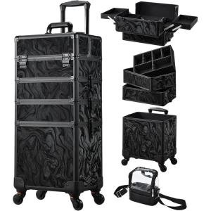 imageStagiant Rolling Makeup Case 4 in 1 Cosmetology Case on Wheels Makeup Travel Case with Cosmetic Bag Key Swivel Wheels Salon Barber Case Traveling Cart Trunk Cosmetic Trolley Alpine BlackAlpine Black with Bag
