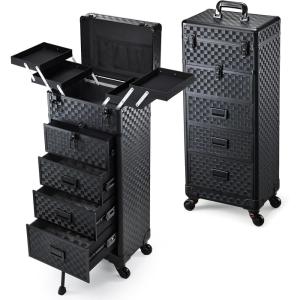 imageStagiant Rolling Makeup Case with Drawers Cosmetology Case on Wheels 4 IN 1 Makeup Case 3 Drawers with Foot Stand Springrelease Mechanism Rolling Make Up Organizer for Artist Salon Nail Teach Trunk4 Drawers Black Checkerboard