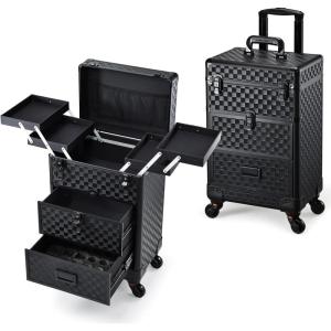 imageStagiant Rolling Makeup Case with Drawers Cosmetology Case on Wheels 4 IN 1 Makeup Case 3 Drawers with Foot Stand Springrelease Mechanism Rolling Make Up Organizer for Artist Salon Nail Teach Trunk2 Drawers Black Checkerboard