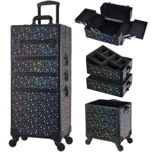imageStagiant Rolling Makeup Train Case Cosmetology Case on Wheels 4 in 1 Cosmetic Box Makeup Travel Case with Key Swivel Wheels Nail Artist Salon Barber StorageTraveling Cart Trunk Dark GreenStar Black