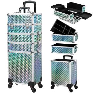 imageStagiant Rolling Makeup Train Case Cosmetology Case on Wheels 4 in 1 Cosmetic Box Makeup Travel Case with Key Swivel Wheels Nail Artist Salon Barber StorageTraveling Cart Trunk Dark GreenWatery Blue