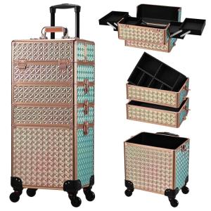 imageStagiant Rolling Makeup Train Case Cosmetology Case on Wheels 4 in 1 Cosmetic Box Makeup Travel Case with Key Swivel Wheels Nail Artist Salon Barber StorageTraveling Cart Trunk Dark GreenShiny Rose Gold