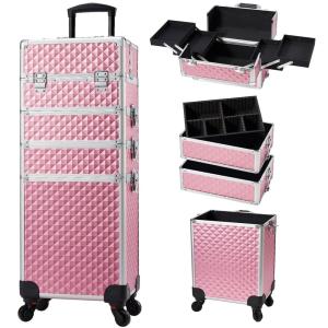 imageStagiant Rolling Makeup Train Case Cosmetology Case on Wheels 4 in 1 Cosmetic Box Makeup Travel Case with Key Swivel Wheels Nail Artist Salon Barber StorageTraveling Cart Trunk Dark GreenPink