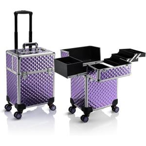 imageStagiant Rolling Makeup Train Case Large Storage Cosmetic Trolley 4 Tray with Sliding Rail Removable Middle Layer with Key Swivel Wheels Salon Barber Case Traveling Cart TrunkPurple