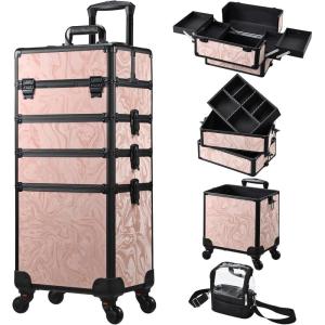 imageStagiant Rolling Makeup Case 4 in 1 Cosmetology Case on Wheels Makeup Travel Case with Cosmetic Bag Key Swivel Wheels Salon Barber Case Traveling Cart Trunk Cosmetic Trolley Alpine PinkAlpine Pink with Bag