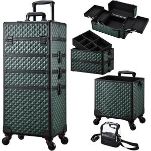 imageStagiant Rolling Makeup Case 4 in 1 Cosmetology Case on Wheels Makeup Travel Case with Cosmetic Bag Key Swivel Wheels Salon Barber Case Traveling Cart Trunk Cosmetic Trolley Alpine PinkGreen